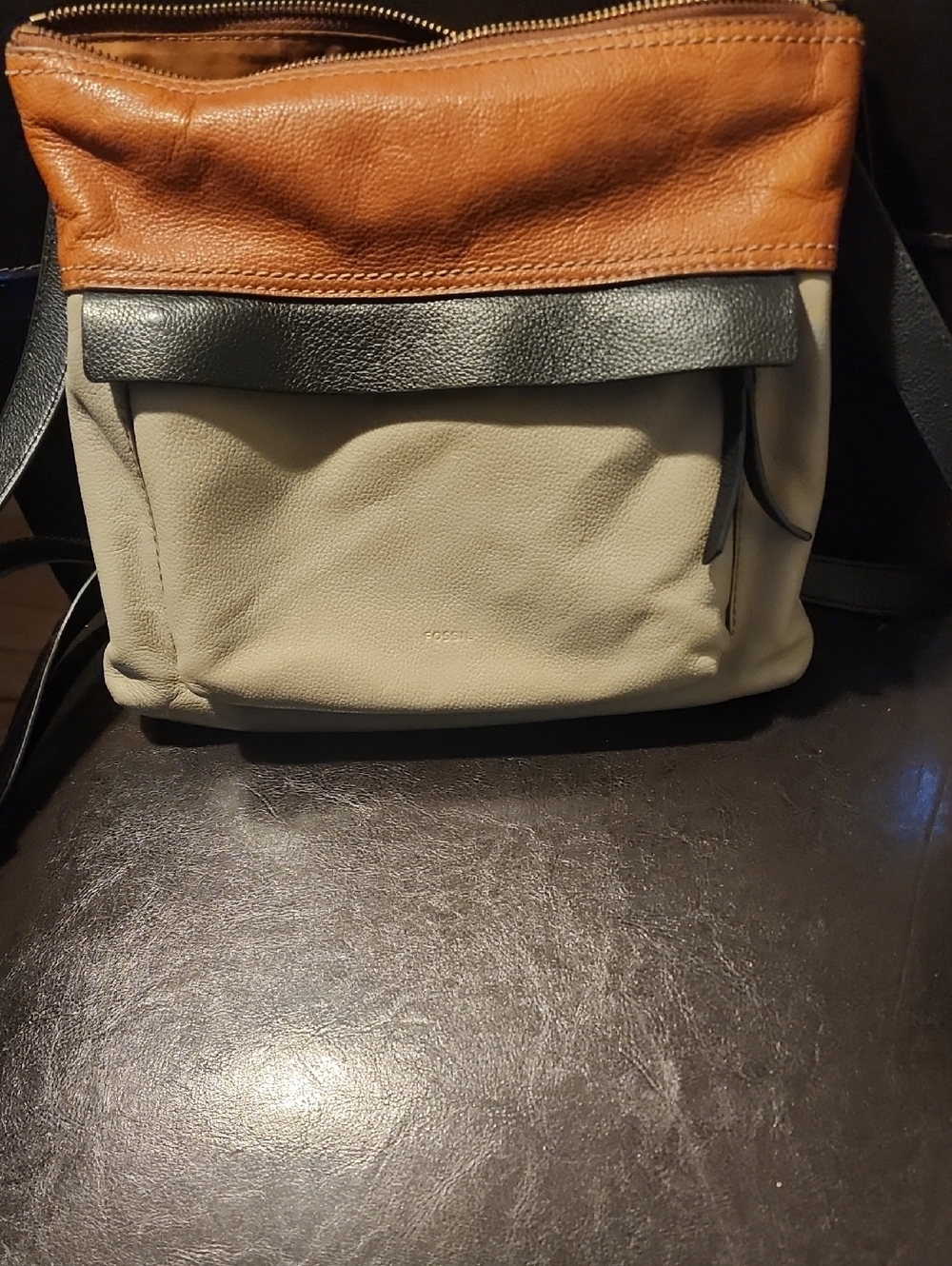 Fossil Tri-Panel Leather Messenger Bag in Tan, Black, Cream